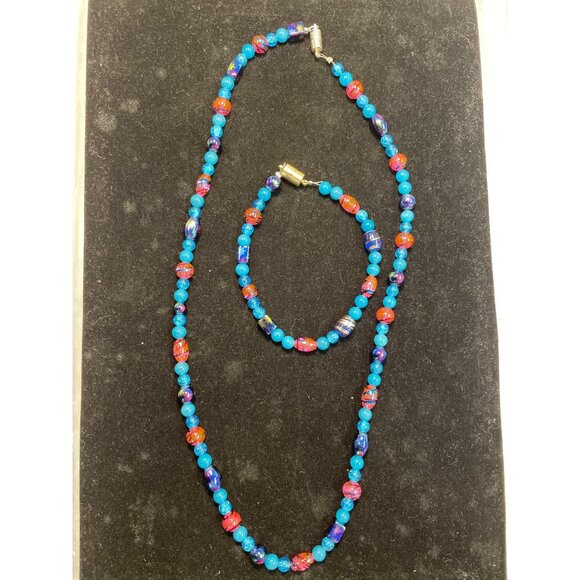 Handmade Cotton Candy Pink Blue Glass Beaded Necklace Bracelet Matching Set - Picture 1 of 4